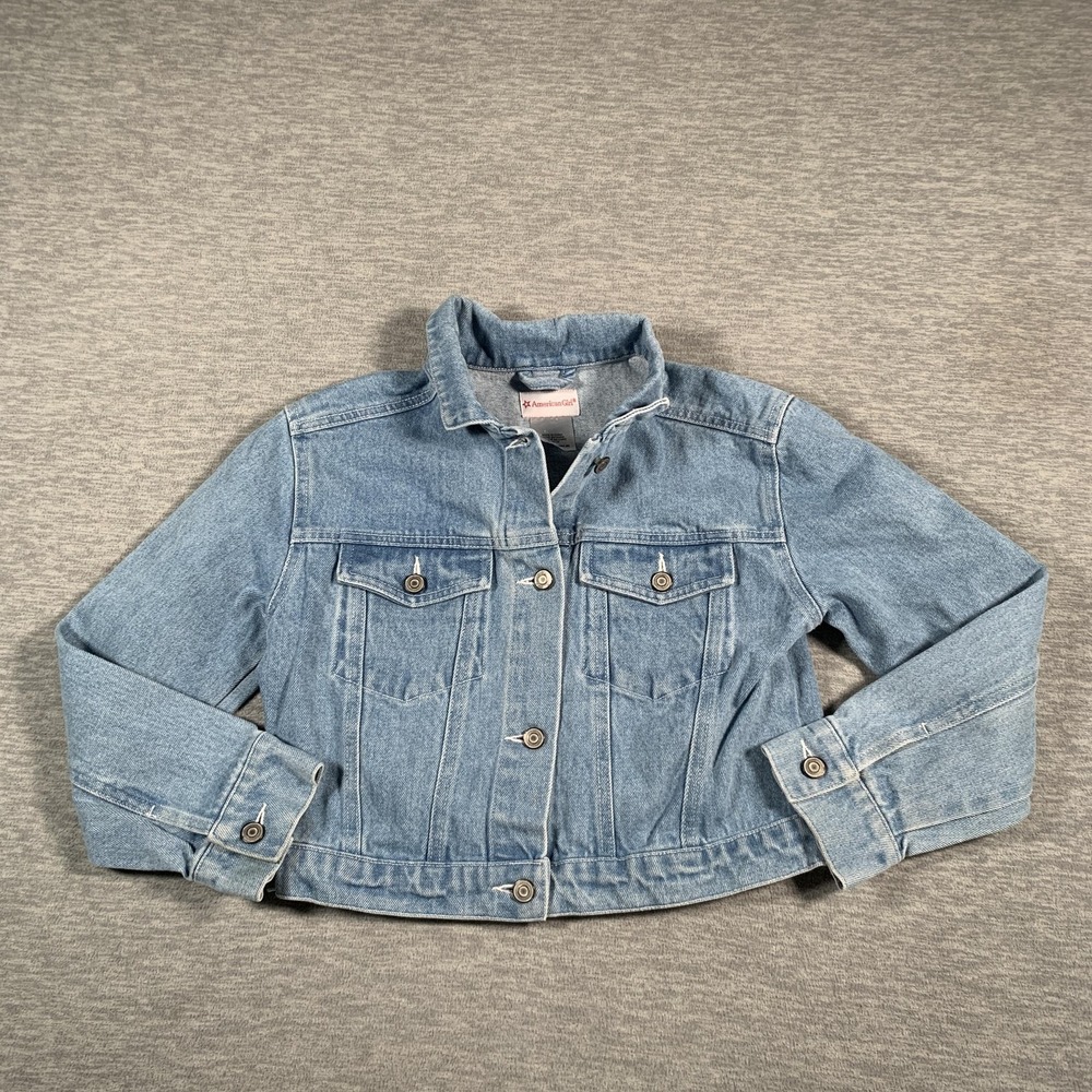 American Girl Jacket Girls Medium 10/12 Blue Denim Trucker Embroidered Floral‎